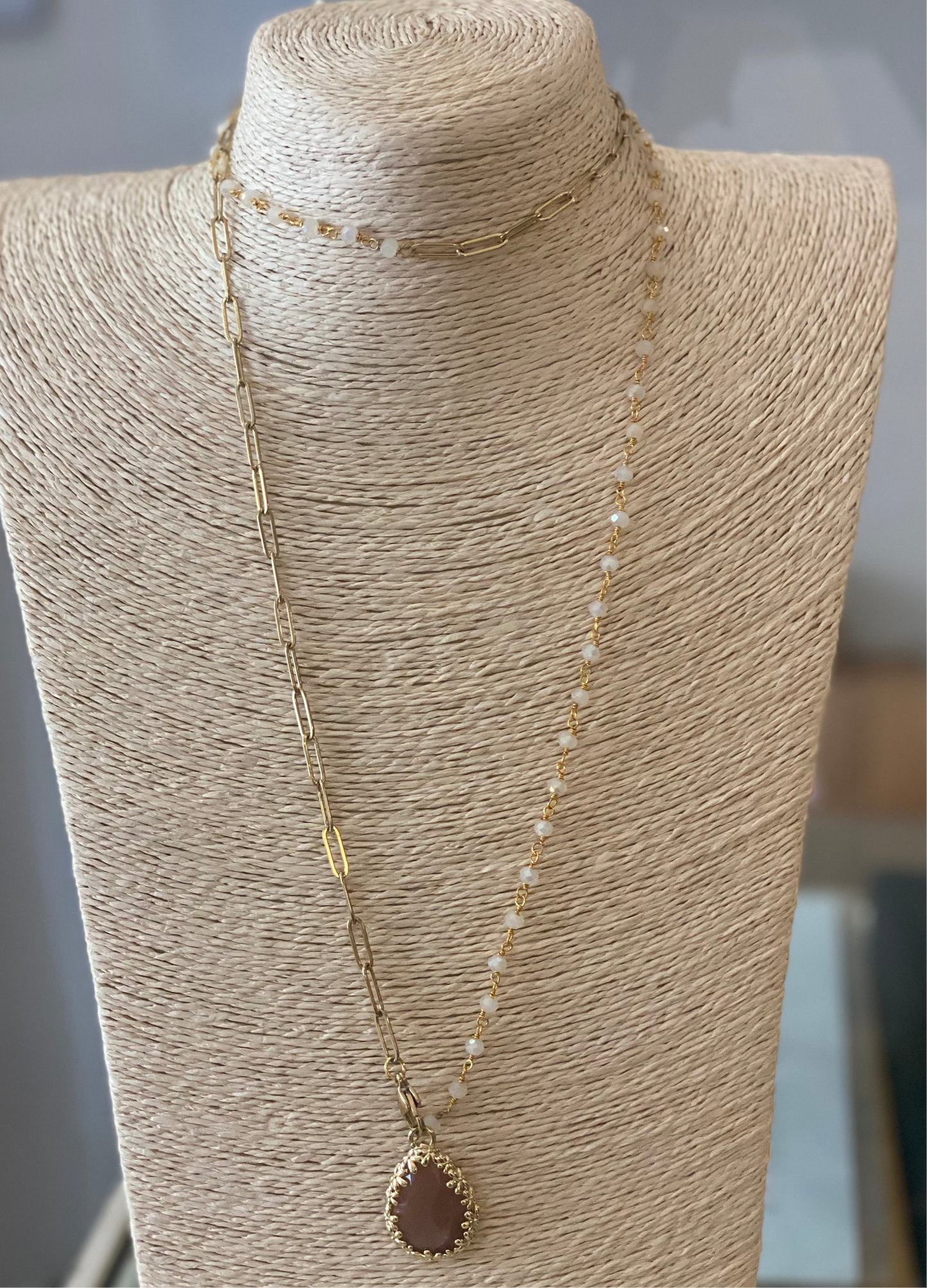 Collana lunga - mix catena e cristalli con pendente