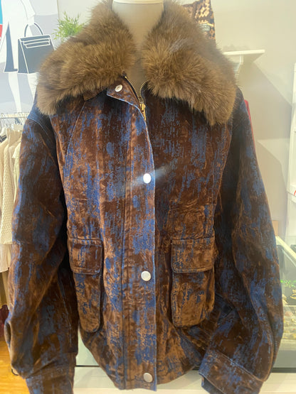 Giacca jeans e velluto con collo ecopelliccia